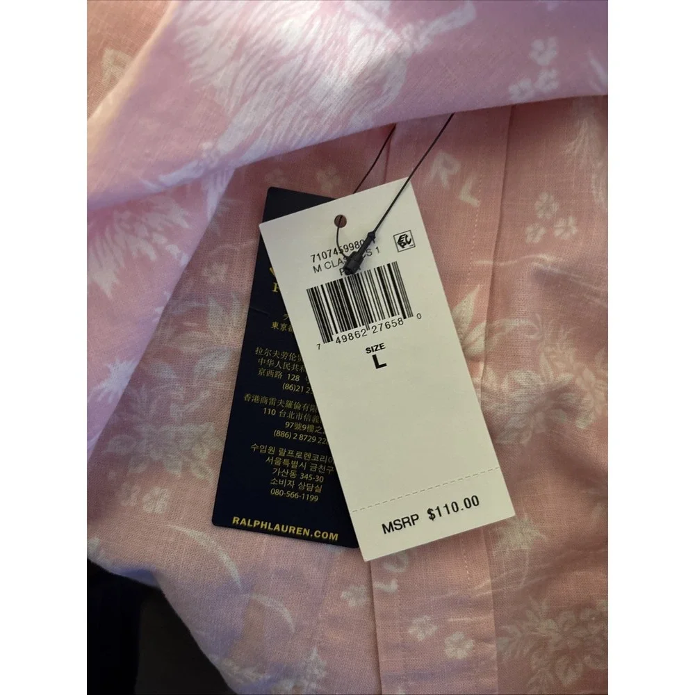 Polo Ralph Lauren Shirt Men L Pink Hawaiian Cotton Linen Classic Fit Button Up